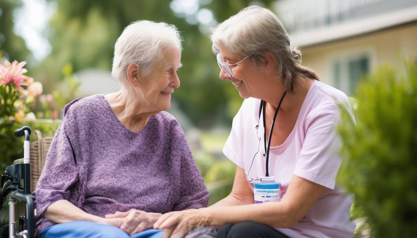 hospice volunteer sitting with a patient outside